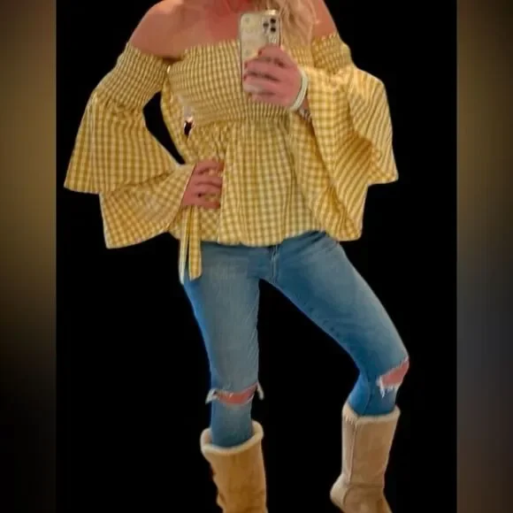 Caroline Constas off the shoulder smocked body ruffle sleeves top boho NWOT L - Picture 3 of 10